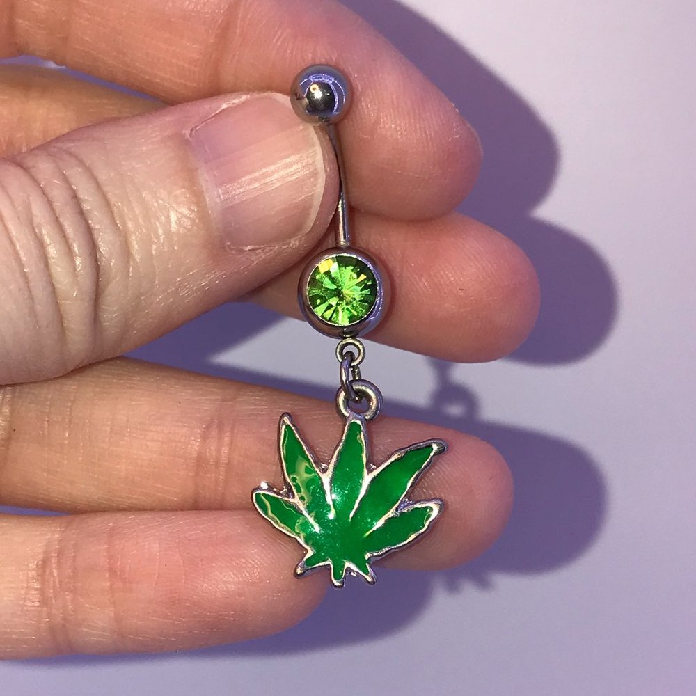 Solid Green Pot Leaf Dangle Belly Ring